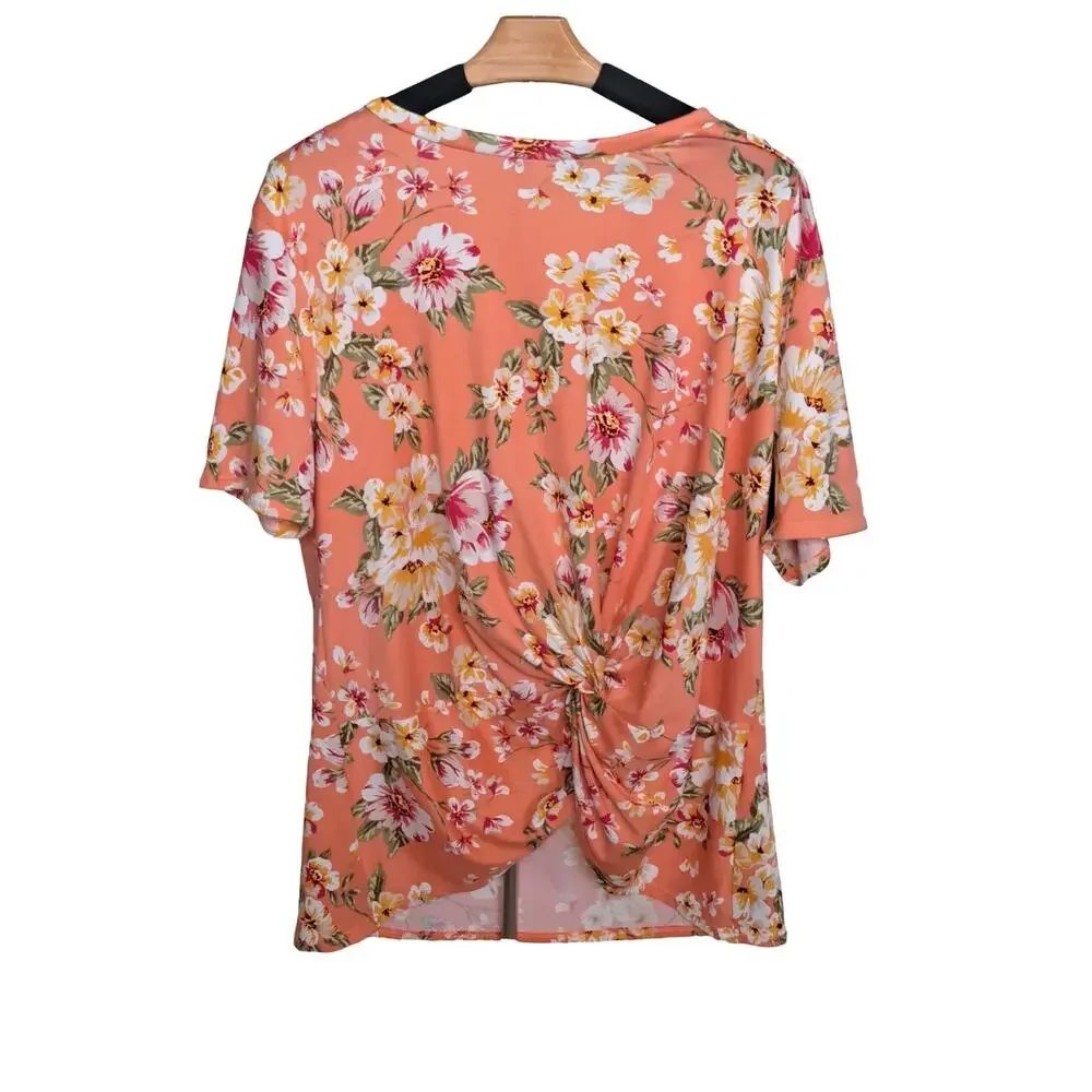 Tiana B Coral Pink Floral Short Sleeve Twist Front Top NWT Size 1X